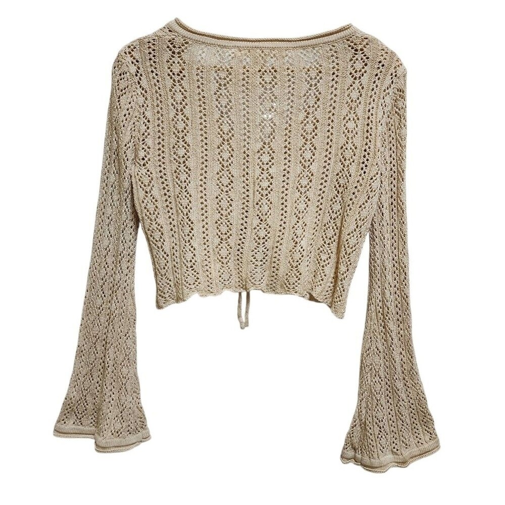 Altar'd State Beige Cinch V Neck Crochet Crop Top Women M Flare Boho Hippie Y2K - Picture 2 of 9